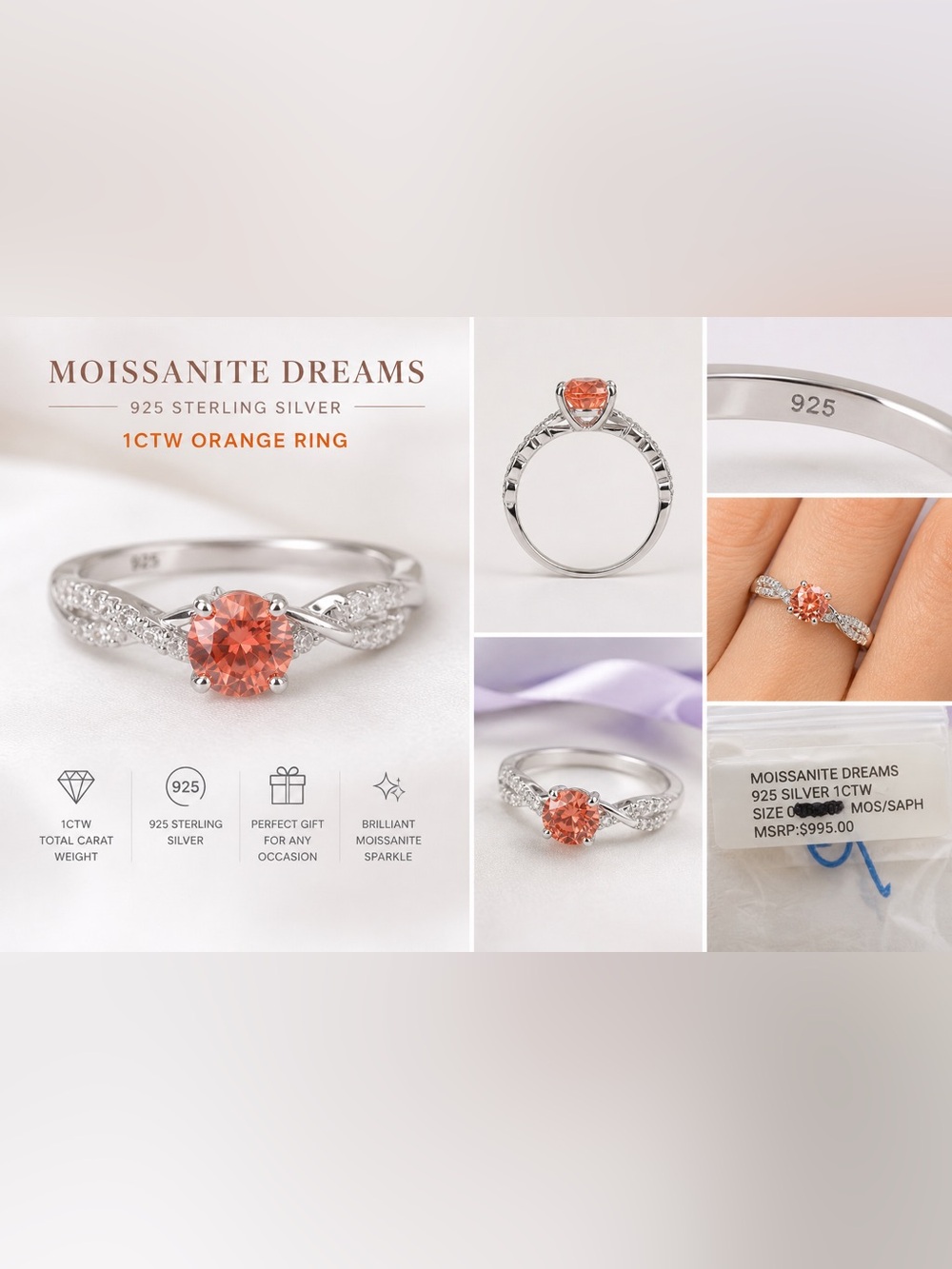 MOISSANITE DREAMS
925 SILVER 1CTW Orange Ring 
SIZE 9 
MSRP: $995.00